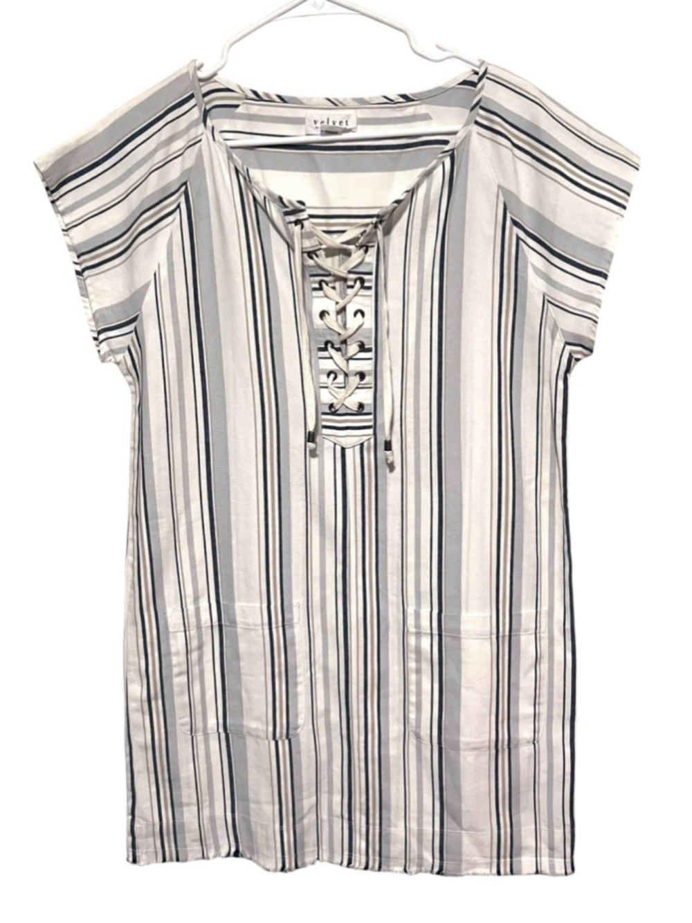 Velvet by Graham & Spencer Womens Dress Small Blue White Striped Lace Up Coastal - Picture 3 of 5
